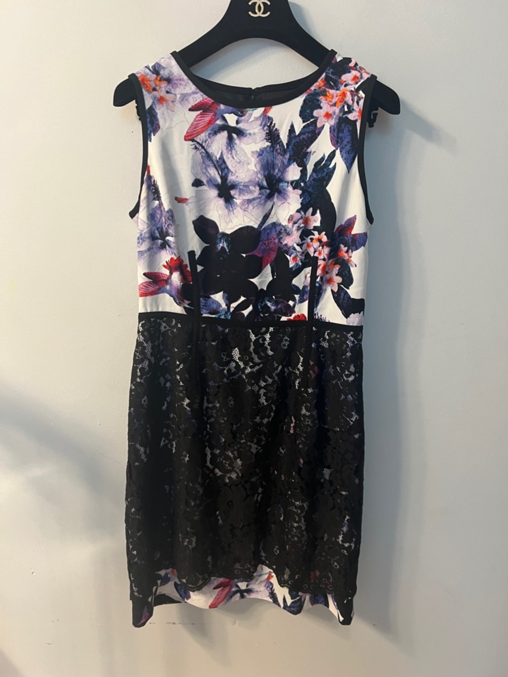 Ivanka Trump White Floral and Black Lace Mini Dress